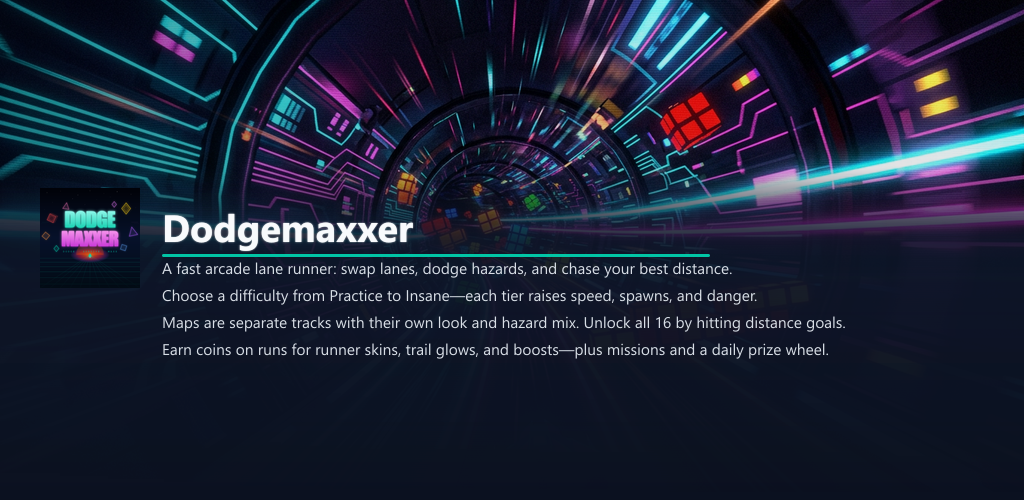 DodgeMaxxer Play feature graphic: neon arcade lanes and game summary