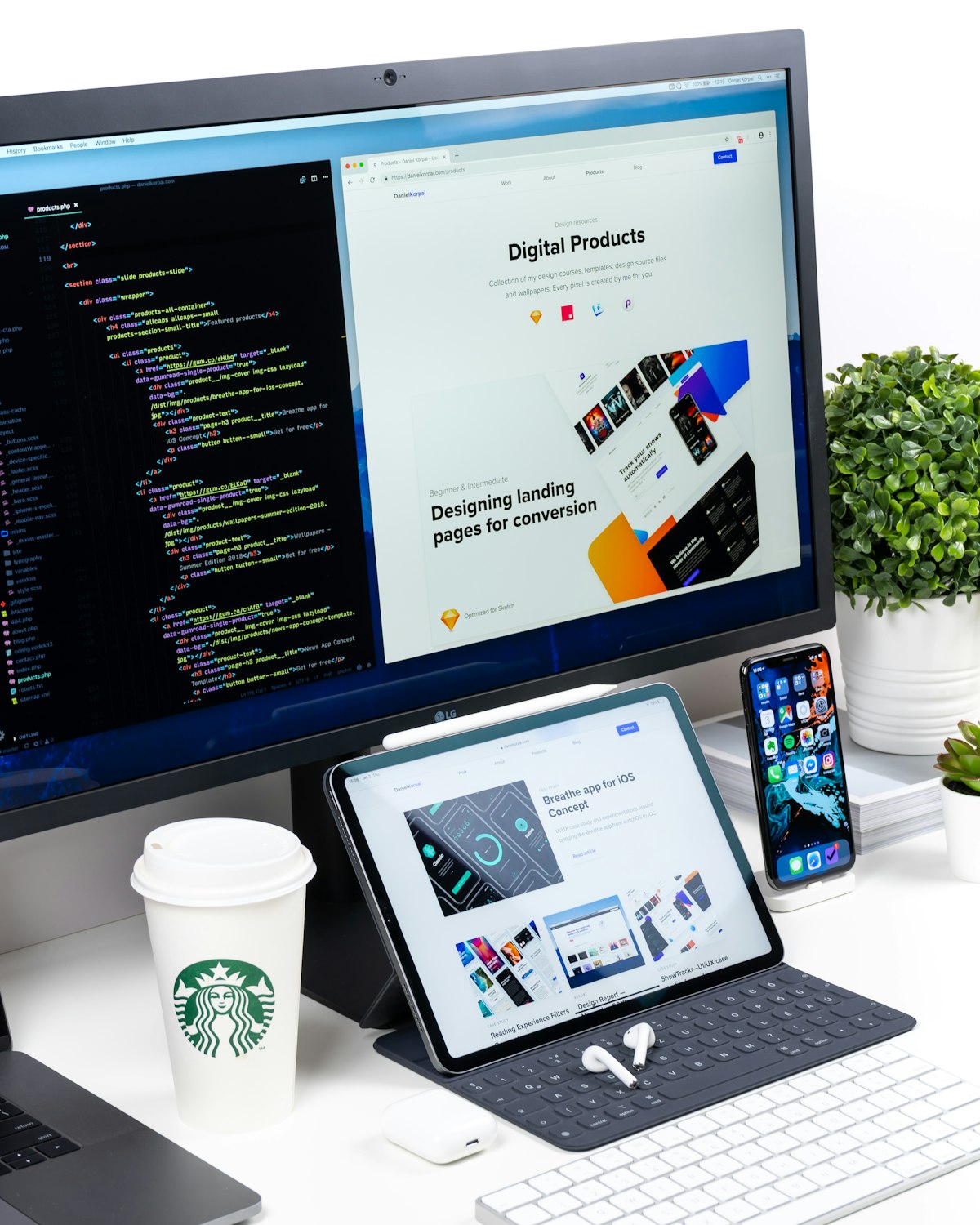 Website designs on desktop, tablet, and phone