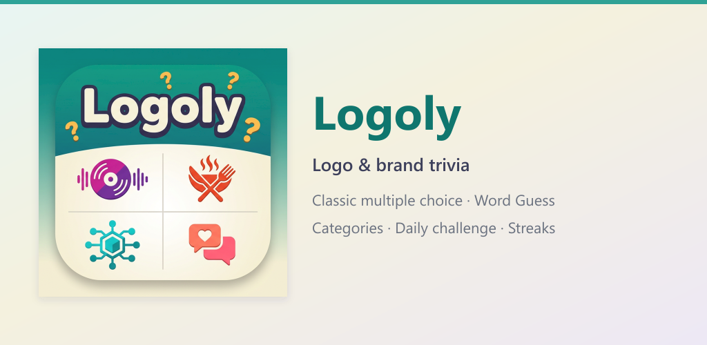 Logoly Play feature graphic: logo trivia branding on a soft gradient