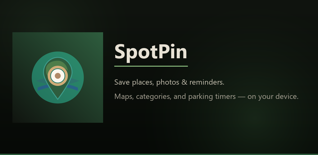 SpotPin Play feature graphic: map pin branding on a deep green banner
