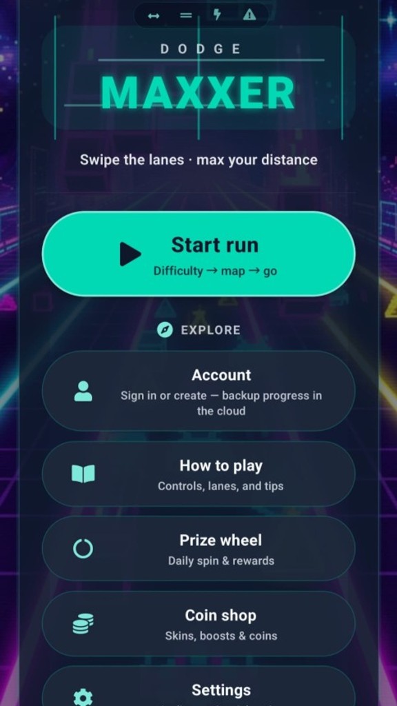 DodgeMaxxer main menu with Start run and Explore options