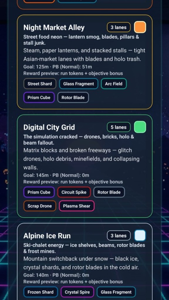 DodgeMaxxer map selection including Night Market Alley, Digital City Grid, and Alpine Ice Run