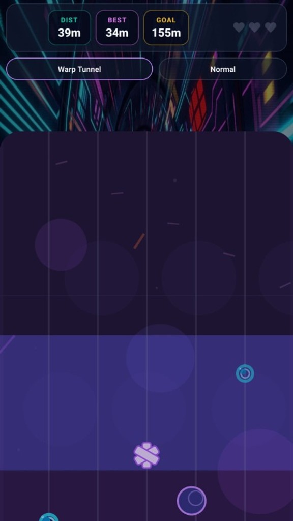 DodgeMaxxer gameplay in Warp Tunnel with neon rings and lane grid