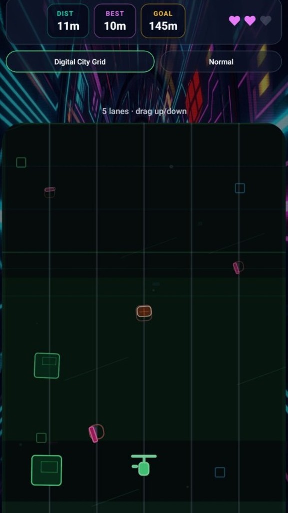 DodgeMaxxer gameplay on Digital City Grid, five lanes with hazards and power-ups