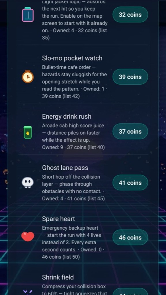 DodgeMaxxer boosts shop listing power-ups such as shield, slo-mo, and extra heart