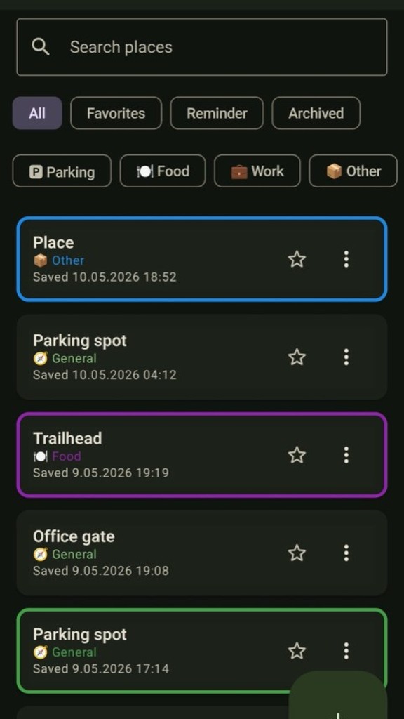 SpotPin saved places list with search, filters, and categories