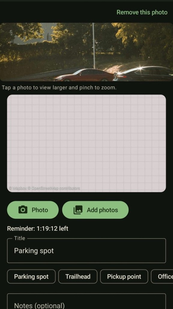 SpotPin detail view with photo, map preview, and parking title