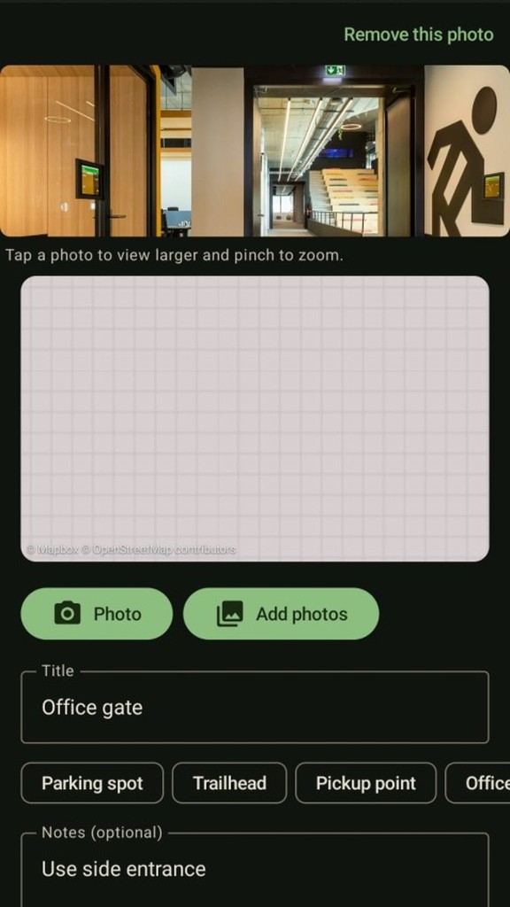 SpotPin edit screen with photo gallery, map, title, and notes