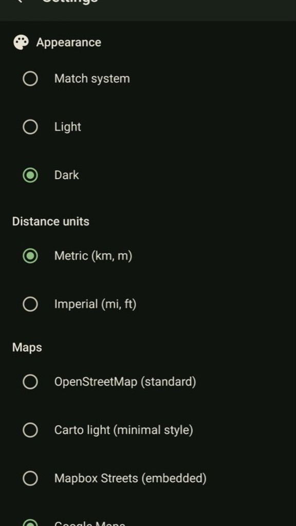 SpotPin settings for theme, distance units, and map sources