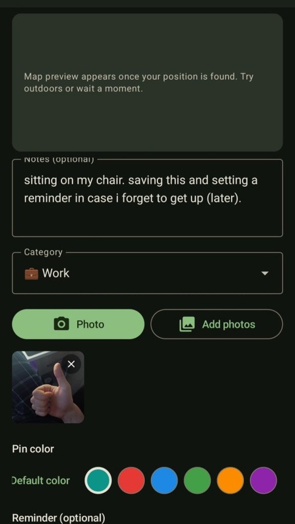 SpotPin pin editor showing notes, category, photos, pin colors, and reminder