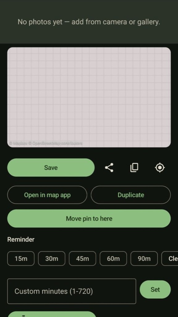 SpotPin pin with map, save actions, and reminder presets