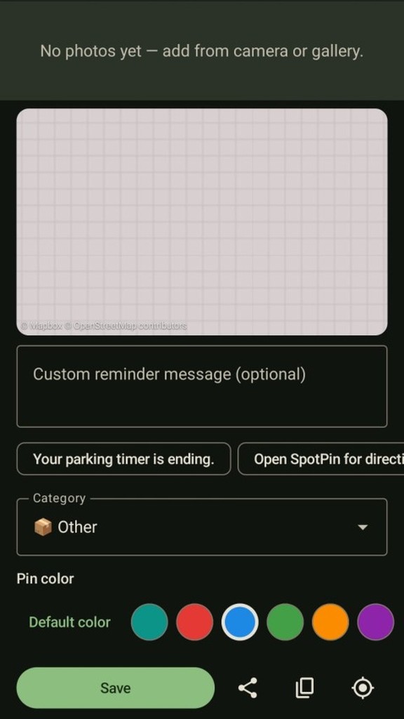 SpotPin pin editor with custom reminder message, category, and pin color